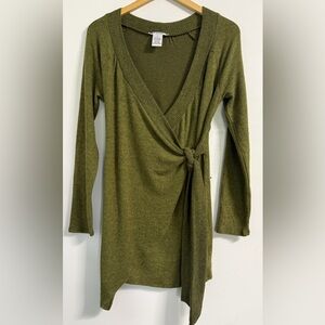 K Jordan Olive Green Faux Wrap Cardigan Sweater M Tie Waist